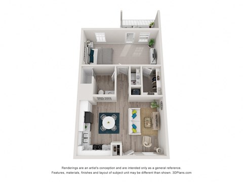 a 3d floor plan of a 1 bedroom apartment
